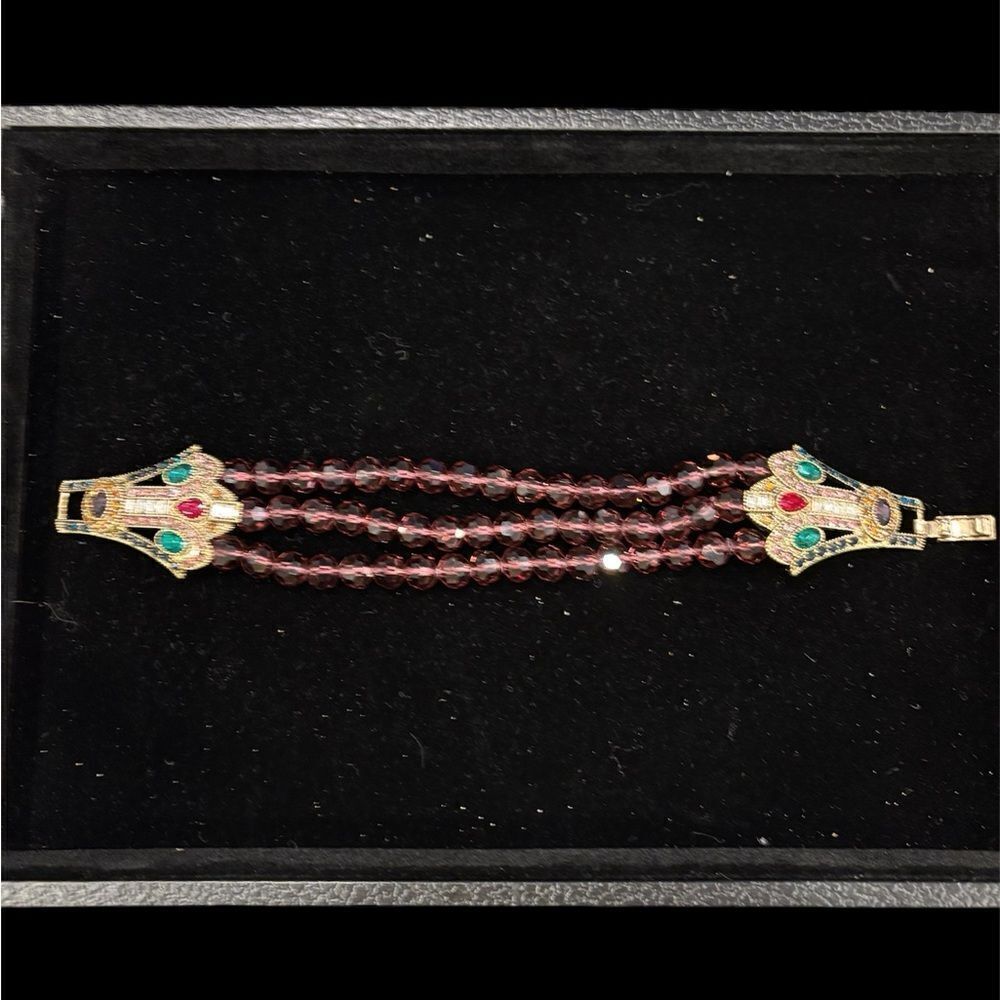 Gold-Tone Garnet Beaded Triple Strand Bracelet with Colored Accents
